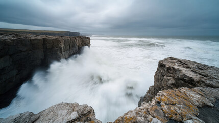 Fototapeta premium Dramatic rocky coastline with huge waves crashing against cliffs under cloudy sky creating powerful and moody ocean scene