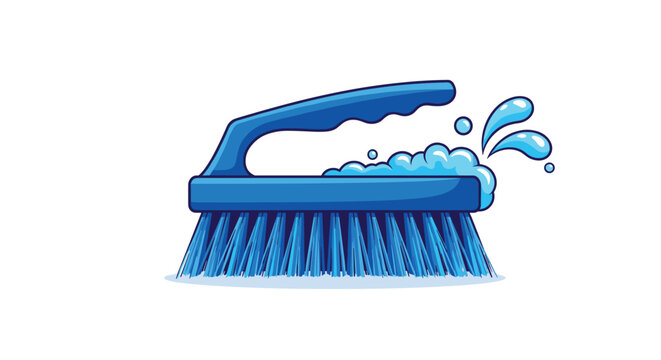 A blue plastic scrub brush with stiff bristles, creating soapy foam and water splashes, perfect for heavy-duty cleaning tasks.
