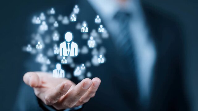 Business person holds virtual people icons in hand to represent networking and connections in corporate setting