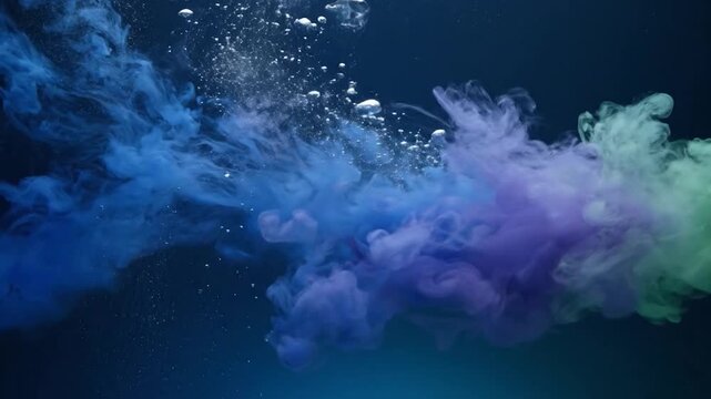 Swirls of blue, purple, and green ink bloom in dark water with bubbles