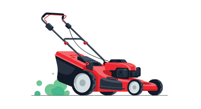A red and black gasoline-powered lawn mower in action, cutting grass and leaving a trail of green clippings on a white background.