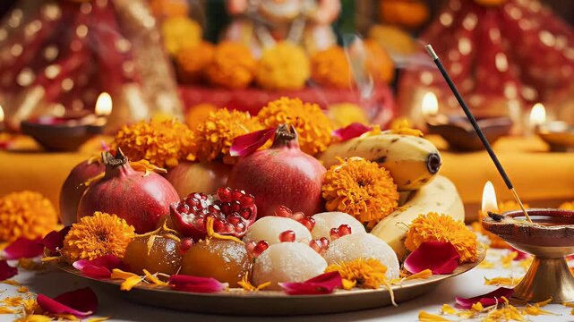 Chaitra Navratri Prasad Plate with Fresh Fruits and Traditional Sweets