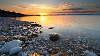 Obraz premium Golden hour sunset at rocky beach with wet stones reflecting warm light and calm water creating peaceful and serene atmosphere