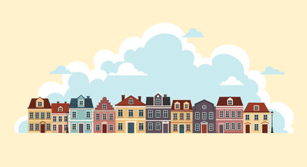 Fototapeta premium Row of charming colorful townhouses with varied architectural styles standing against a background of large blue and white clouds.