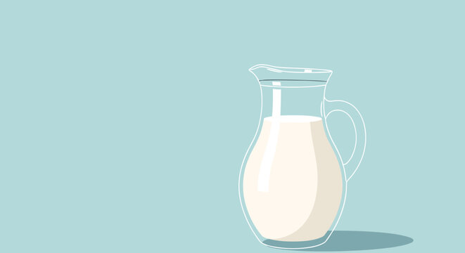 Glass pitcher filled with fresh milk casting a soft shadow on a light blue background for a clean and simple dairy advertisement.