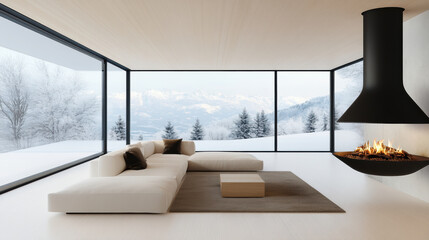Fototapeta premium Modern living room with suspended hanging fireplace and large windows showing snowy mountain landscape