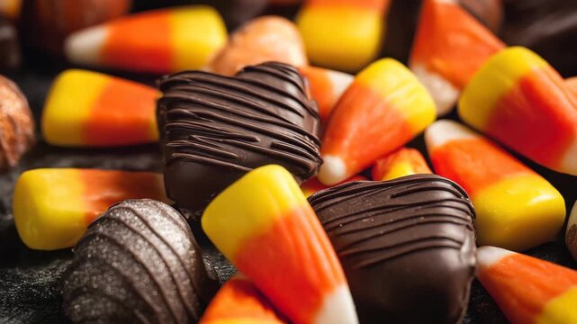 Variety of candy displayed on a dark surface during autumn season for a sweet treat or celebration event