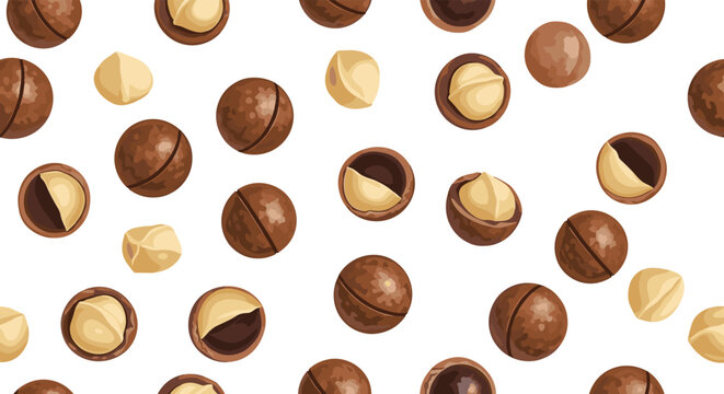 A seamless background pattern of whole and shelled macadamia nuts scattered randomly, creating a realistic and tasty food-themed texture.