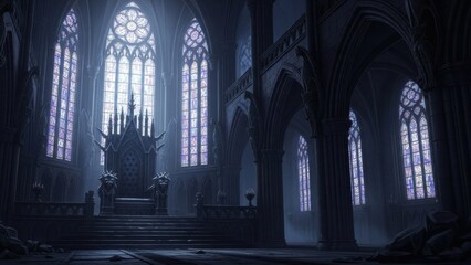 Gothic Stone Throne in a Dark Moonlit Cathedral with Large Stained Windows