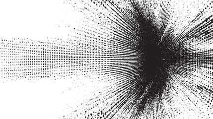Abstract black and white radial burst pattern with textured halftone dots and grunge splatters creating a dynamic energetic explosion effect on a white background
