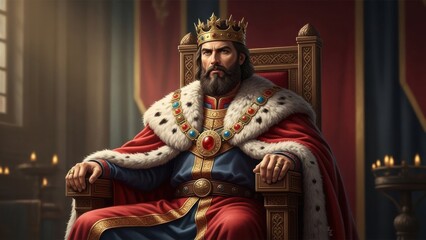 Stern Portrait of a Royal King in Traditional Crown and Cape Seated on a Grand Throne