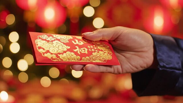 Cinematic Close-up Hand Giving Red Envelope Chinese New Year Festival Background
