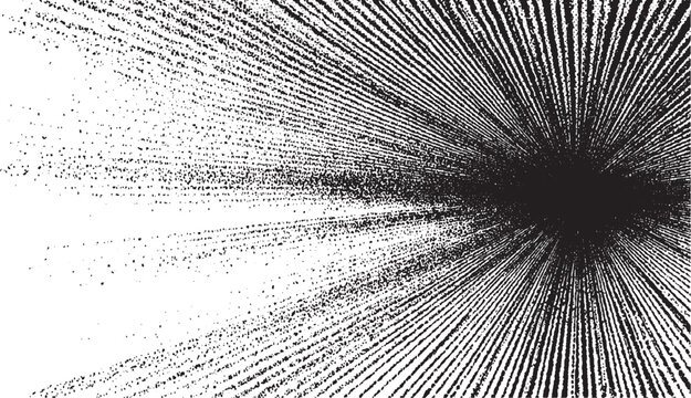 Abstract radial burst of black dots and lines emanating from a dark central point against a stark white background creating a dynamic and energetic visual effect