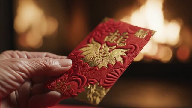 Macro Red Packet Hands Close-up Chinese New Year Culture Celebration Footage