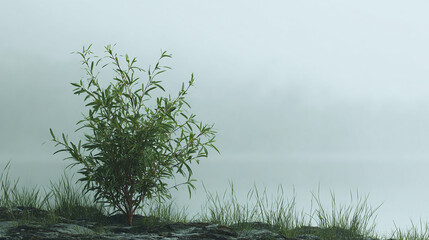 A solitary bush on a foggy day by the lake. The misty atmosphere enhances the serene vibe of nature