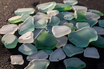 Collection of Colorful Frosted Sea Glass Pieces on Dark Wet Sand