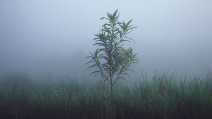 A lone tree stands gracefully in a foggy field, surrounded by tall grass. The scene evokes a sense of tranquility and solitude. 