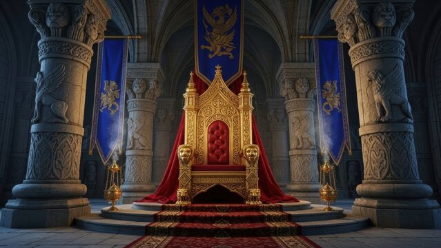 Fantasy Stone Throne Room with Blue Banners and Majestic Architectural Pillars