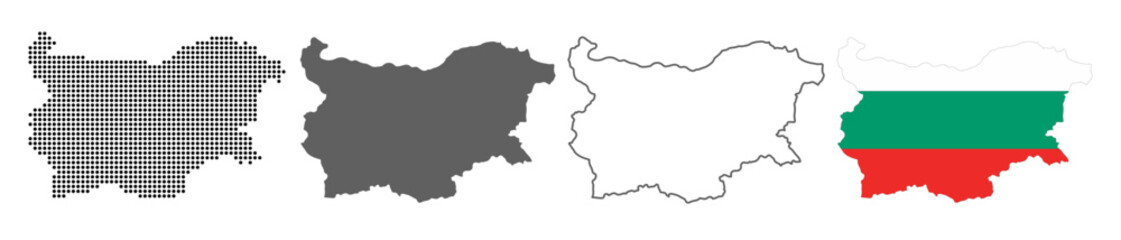Bulgaria map set with dotted solid outline and flag style vector illustration