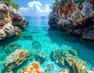 Turquoise waters and rocky cliffs meet in a sunlit coastal cove