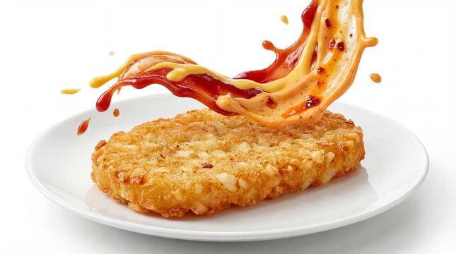 Crispy Hash Brown Delight: A Golden Potato Patty with Ketchup Splash.
