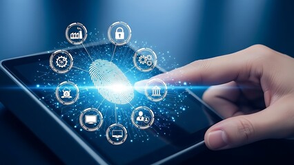 Futuristic biometric security interface on tablet screen with finger scanning fingerprint