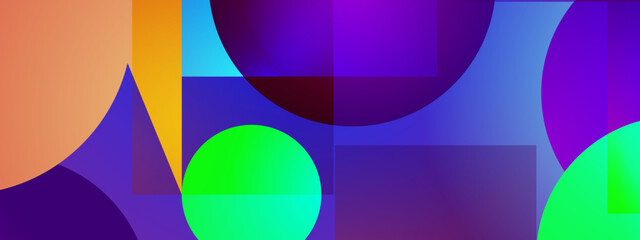 Obraz premium High contrast design with glowing green circles and purple rectangles in a layered space