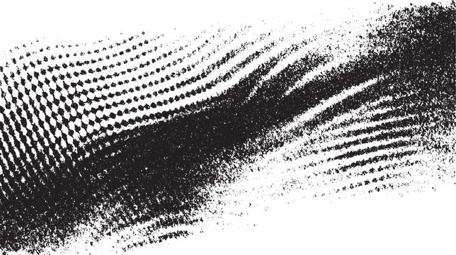 Abstract black and white textured background with a dynamic wave pattern created by distressed halftone dots and grunge brush strokes suggesting movement and depth