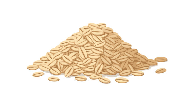 A neat pile of dry, uncooked rolled oats or oatmeal flakes, a healthy whole grain breakfast food, isolated on a white background.