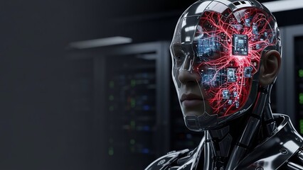 Futuristic humanoid robot with glowing artificial intelligence brain in advanced technology concept