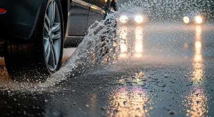 Car's wheel generates splash on the waterlogged road during a rainstorm creating an impression of