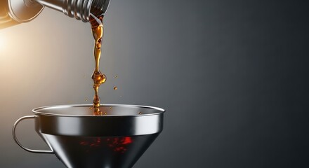 Golden fluid cascading into a shiny metallic funnel capturing industrial motion