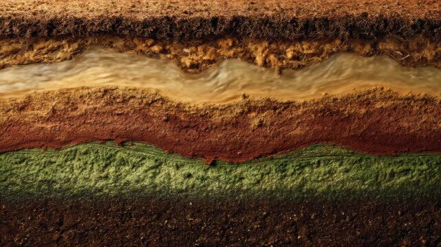 Layers of soil display different colors and textures under a close view, showcasing natural elements and geological processes at a certain location