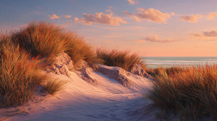 Serene dune landscape at dusk. The warm hues of the setting sun paint the sky and sand in a peaceful scene