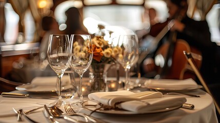A beautifully set table with wine glasses and silverware at a restaurant with a blurred background of musicians playing