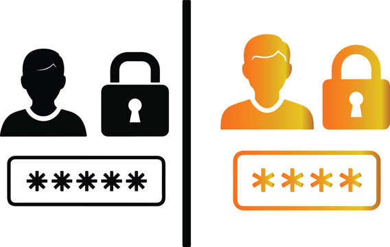  Black silhouette icons of user profile, padlock, and password field on white backgroundArt & Illustration
