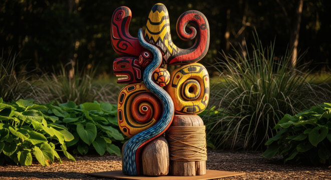 Colorful Maori Carving Toa Statue in Garden.