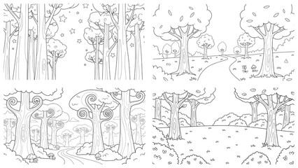 Obraz premium Set of whimsical forest coloring pages featuring enchanting trees and pathways for kids