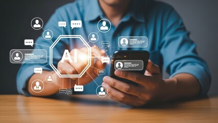 Person interacting with ai technology via smartphone, connected to network