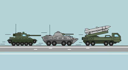 Naklejka premium Armored military vehicles including a tank an armored personnel carrier and a rocket launcher vehicle traveling on a road for a defense or security