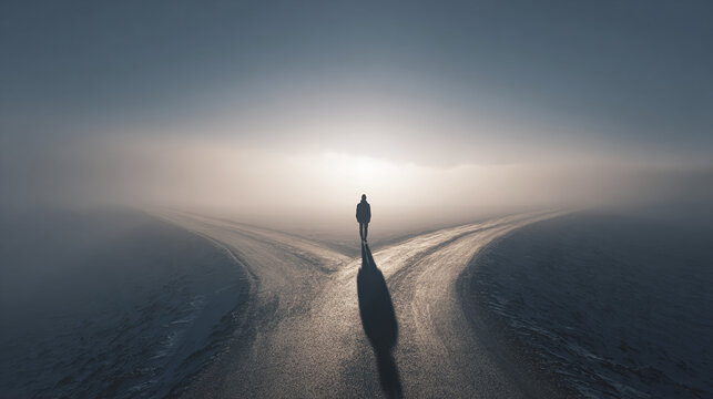 A solitary figure walking down a road with a split path, representing the idea of making a choice or decision in life. A beautiful scenery with a misty environment