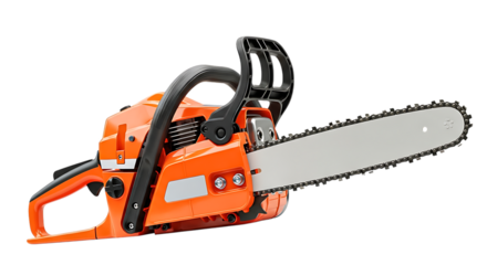 Orange chainsaw with black handle and gray blade isolated on transparent background