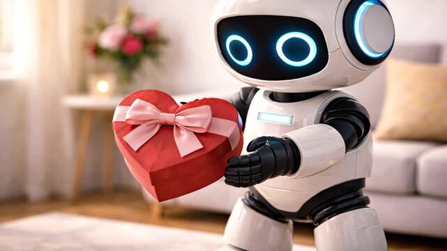Small robot presenting red heart shaped gift box with ribbon, warm romantic scene expressing surprise, affection and thoughtful Valentine gesture