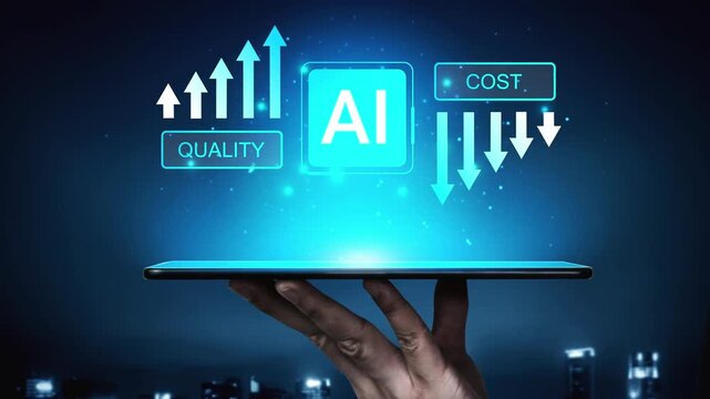 Dynamic Representation of AI Advancements Influencing Quality and Cost in Digital Market with Hand Holding Tablet Against Urban Night Background Gluon.