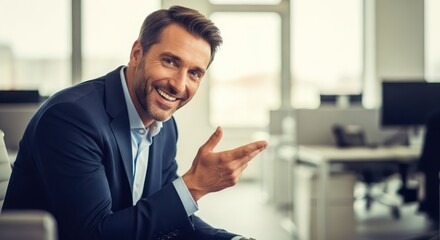 Confident businessman indicating a direction within modern corporate office setting