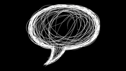 Chaotic hand drawn scribble speech bubble illustration with white circular lines over black background