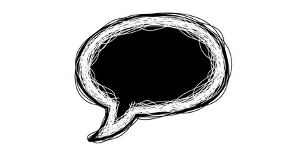 White hand drawn outline of speech bubble on black background with thick messy scribbled border