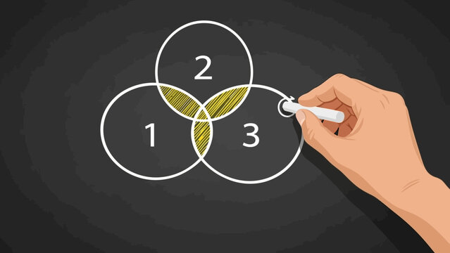 A hand drawing a Venn diagram on a blackboard with white chalk.