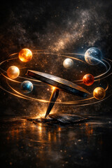 Abstract Celestial Orrery Depicting Planets in Orbit Around a Fiery, Metallic Core Structure