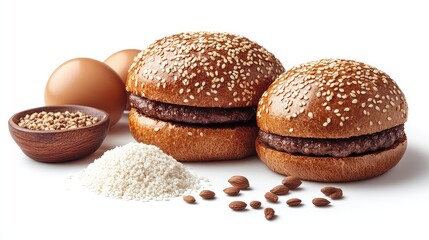 PNG, Burger ingredients, sesame bun isolated on white background